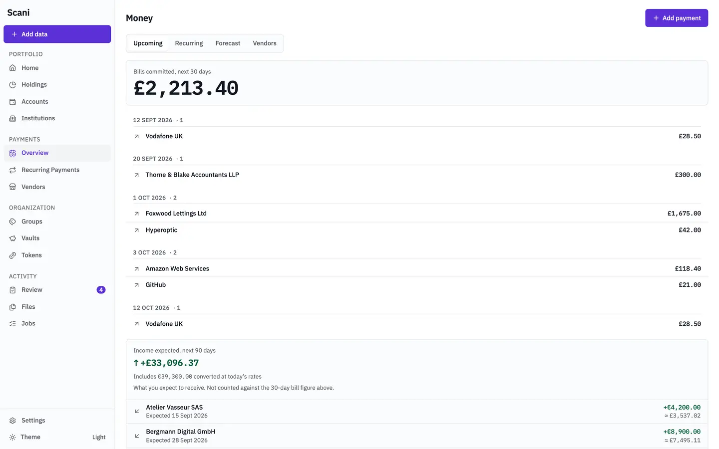 The Scani Money screen: bills committed over the next 30 days above a feed of recurring payments grouped by due date, with an expected-income block below it.